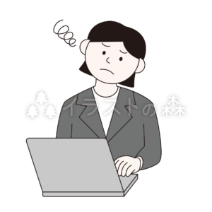 ノートPCを操作するスーツ姿の困っている女性（カラー、WMあり）