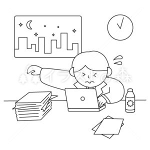 残業するスーツ姿の男性–いらもりの無料モノクロイラスト（ウォーターマークあり）