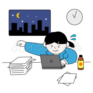 残業するスーツ姿の女性–いらもりの無料カラーイラスト（ウォーターマークあり）