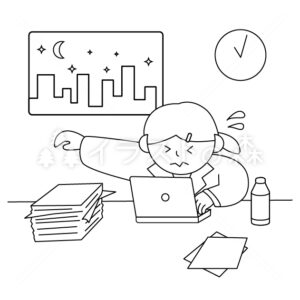 残業するスーツ姿の女性–いらもりの無料モノクロイラスト（ウォーターマークあり）