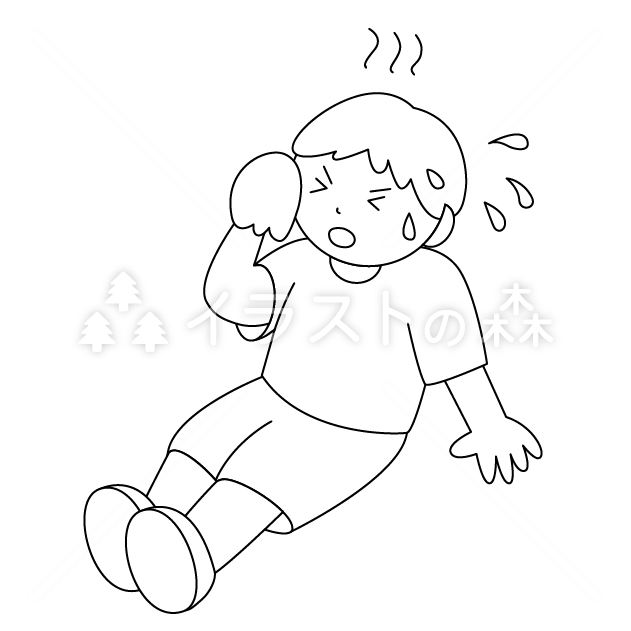 熱中症の男の子の無料モノクロイラスト（ウォーターマークあり）