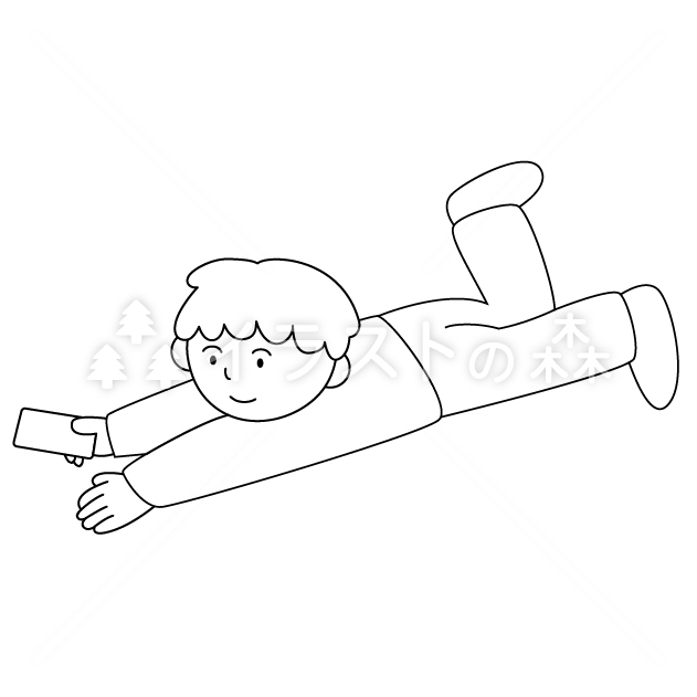 ごろごろする男の子の無料モノクロイラスト（ウォーターマークあり）
