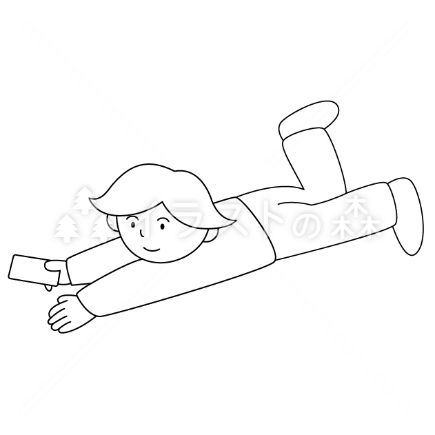 ごろごろする女の子の無料モノクロイラスト（ウォーターマークあり）