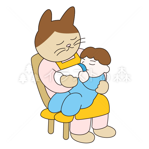 ミルクをあげる「かしねこ」–いらもりの無料カラーイラスト（ウォーターマークあり）