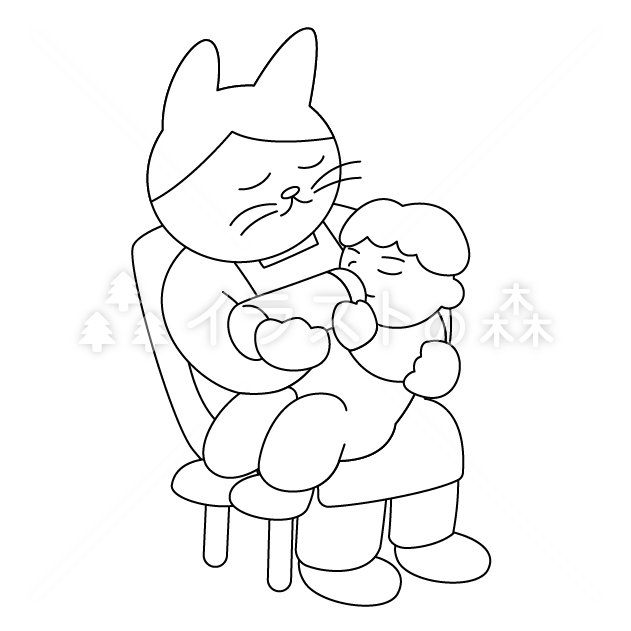 ミルクをあげる「かしねこ」の無料モノクロイラスト（ウォーターマークあり）