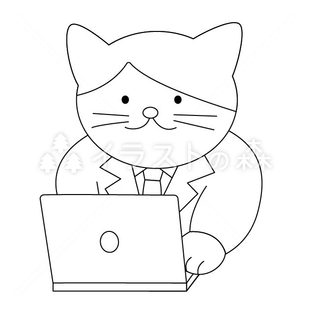 ノートパソコンを操作する「かしねこ」の無料モノクロイラスト（ウォーターマークあり）