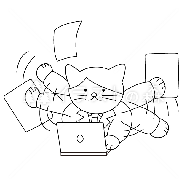 仕事の出来る「かしねこ」の無料モノクロイラスト（ウォーターマークあり）