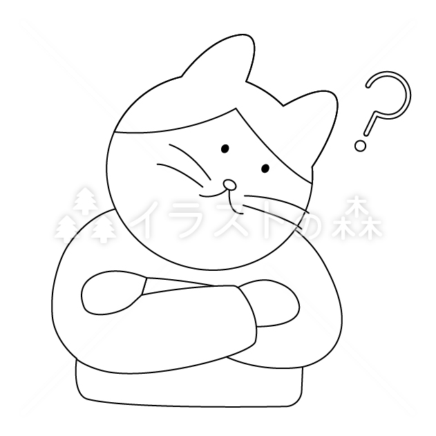 首をかしげる「かしねこ」の無料モノクロイラスト（ウォーターマークあり）