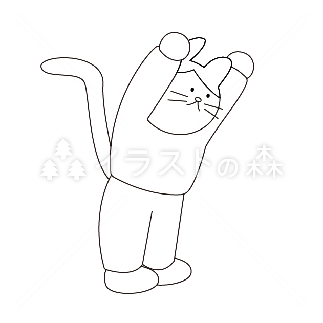 手をあげる「かしねこ」の無料モノクロイラスト（ウォーターマークあり）