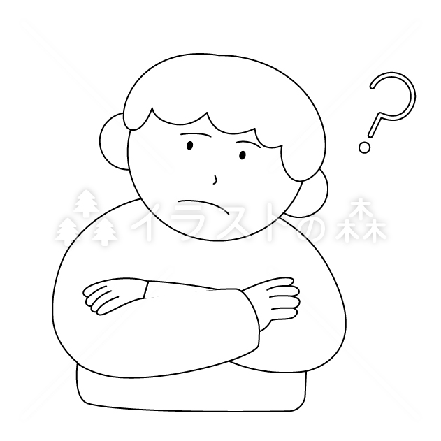 首をかしげる男性の無料モノクロイラスト（ウォーターマークあり）