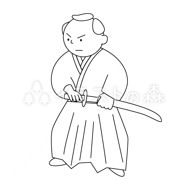 抜刀する侍の無料モノクロイラスト(ウォーターマークあり)