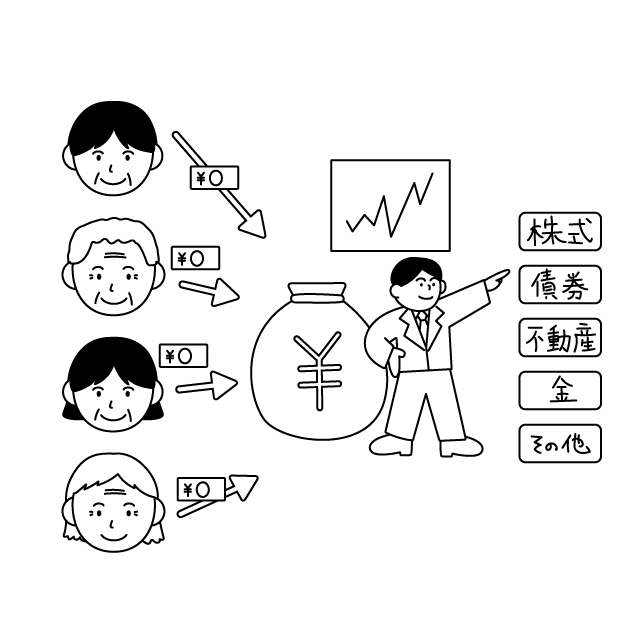 投資信託の仕組みの無料モノクロイラスト