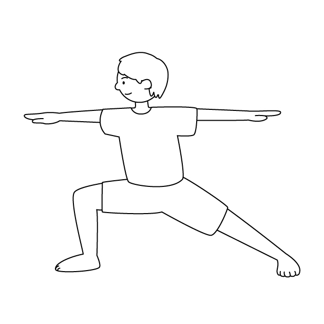 ヨガの勇者のポーズIIをする男性の無料モノクロイラスト（ウォーターマークあり）