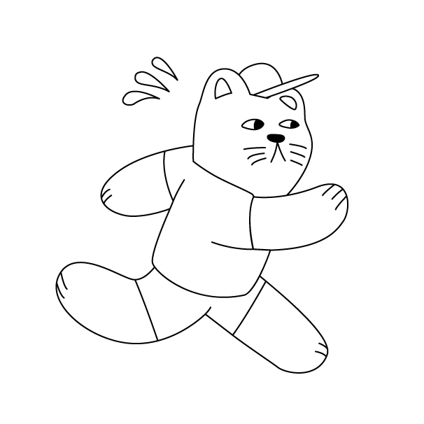 ランニングする猫（擬人化）の無料モノクロイラスト