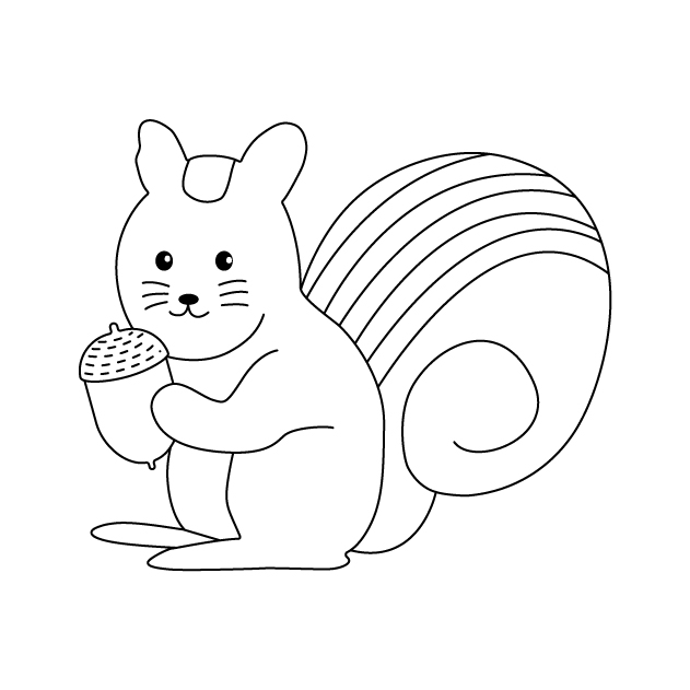 どんぐりを持ったリスの無料モノクロイラスト（ウォーターマークあり）