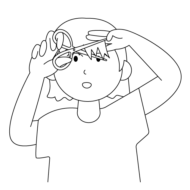 前髪を自分で切る女性の無料モノクロイラスト（ウォーターマークあり）
