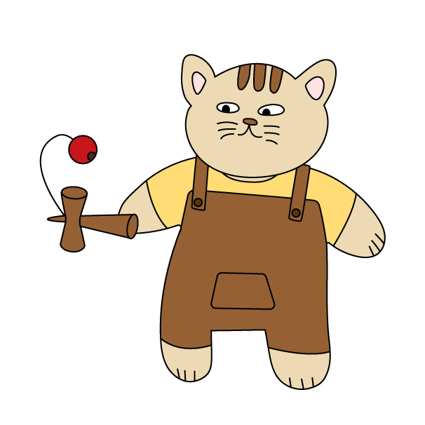 けん玉をする子猫（擬人化）の無料カラーイラスト