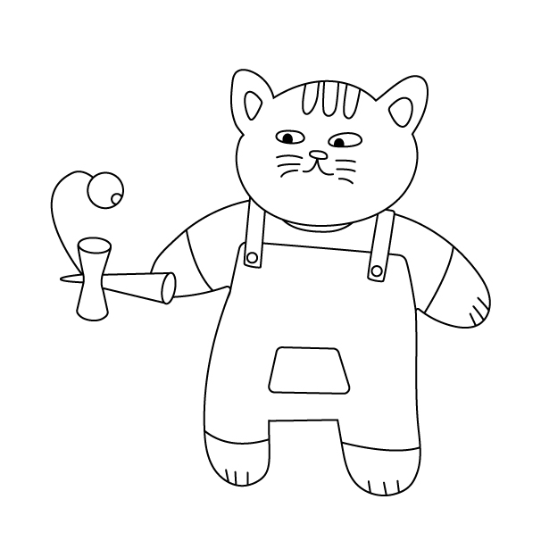 けん玉をする子猫（擬人化）の無料モノクロイラスト