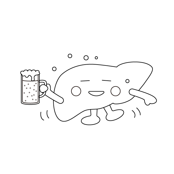 酔っ払った肝臓のキャラクターの無料モノクロイラスト