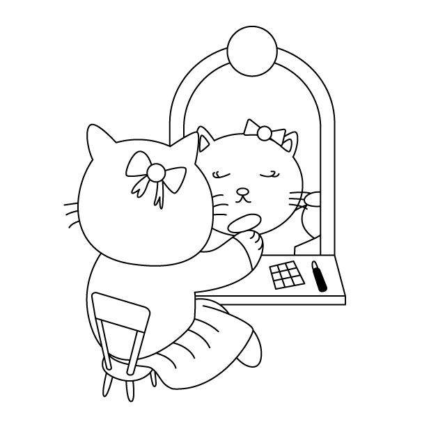 化粧をする猫（擬人化）の無料モノクロイラスト