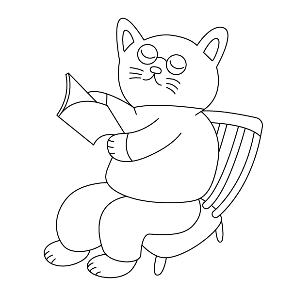 読書する猫（擬人化）の無料モノクロイラスト