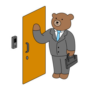 ドアをノックするスーツ姿の熊のキャラクターの無料カラーイラスト