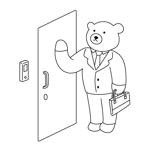 ドアをノックするスーツ姿の熊のキャラクターの無料モノクロイラスト