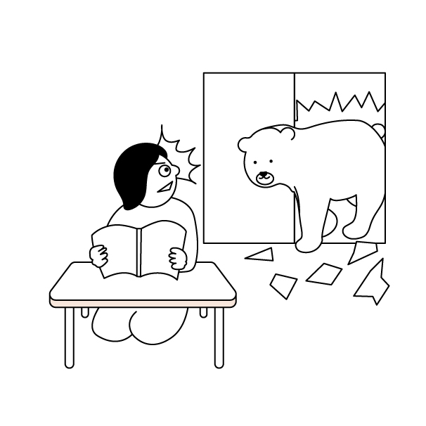 民家に押し入る熊の無料モノクロイラスト