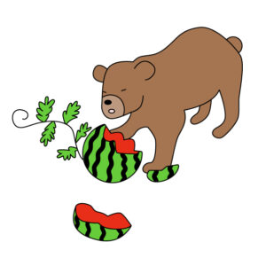 スイカ畑を荒らすクマの無料カラーイラスト