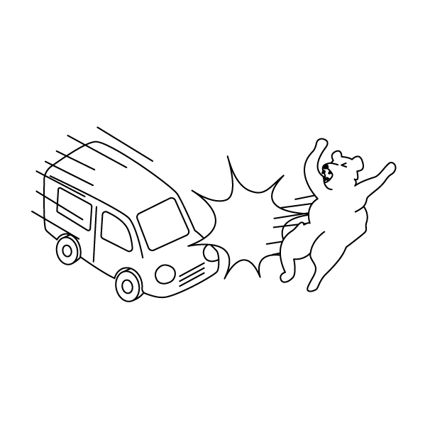 車に轢かれる熊（クマ）の無料モノクロイラスト