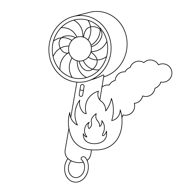 燃えるハンディ扇風機の無料モノクロイラスト