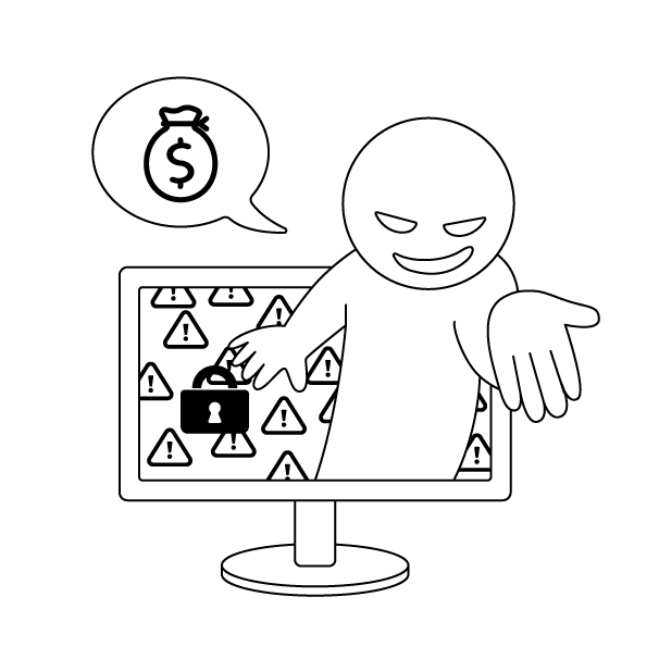 ランサムウェア（身代金要求型ウイルス）の無料モノクロイラスト
