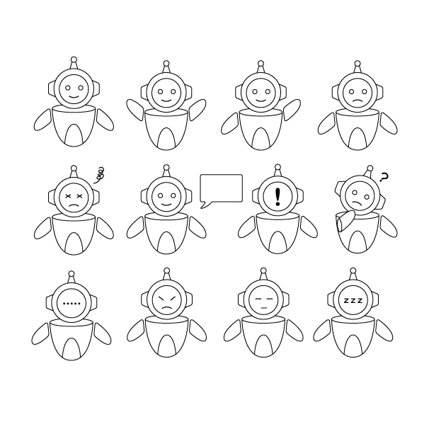 AIロボットキャラクターセットの無料モノクロイラスト