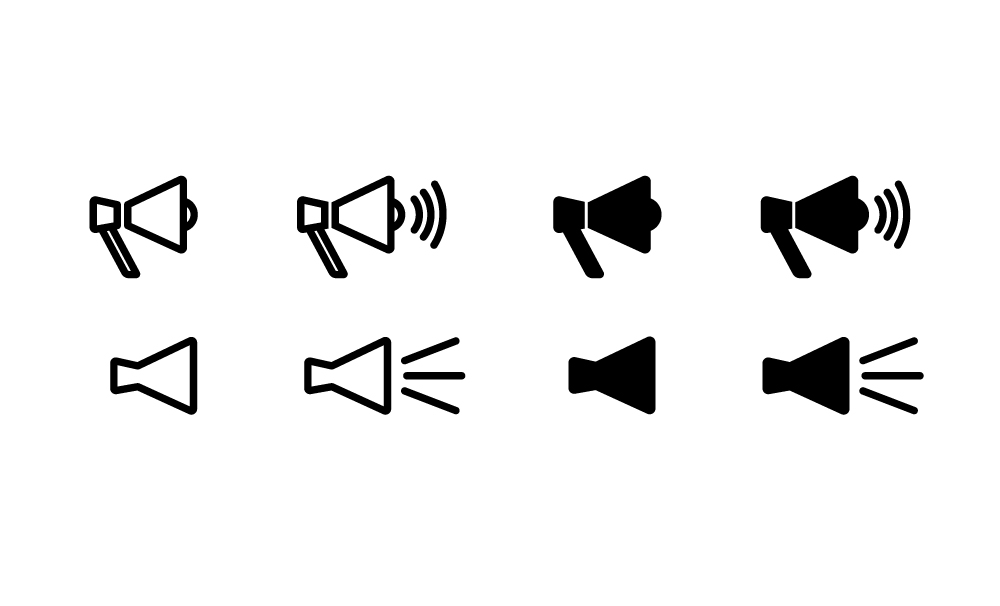 メガホンのアイコンセットの無料モノクロイラスト