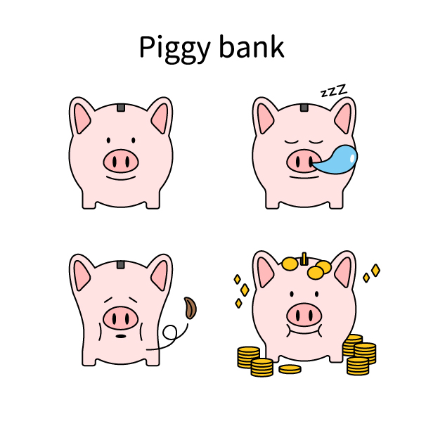 豚の貯金箱のセットの無料カラーイラスト