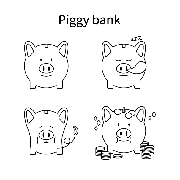 豚の貯金箱のセットの無料モノクロイラスト