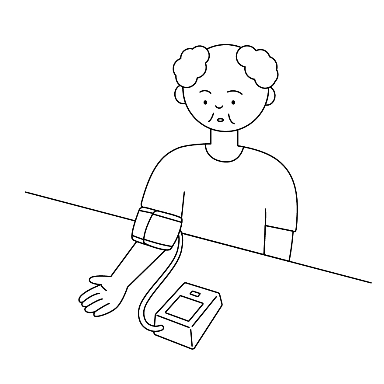 血圧を測る年配男性の無料モノクロイラスト