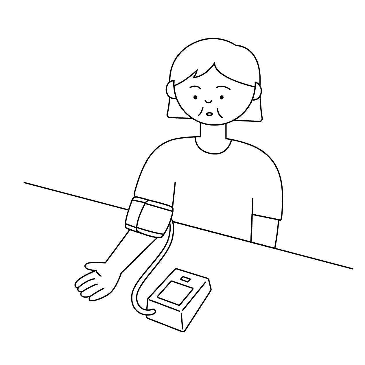 血圧を測る年配女性の無料モノクロイラスト