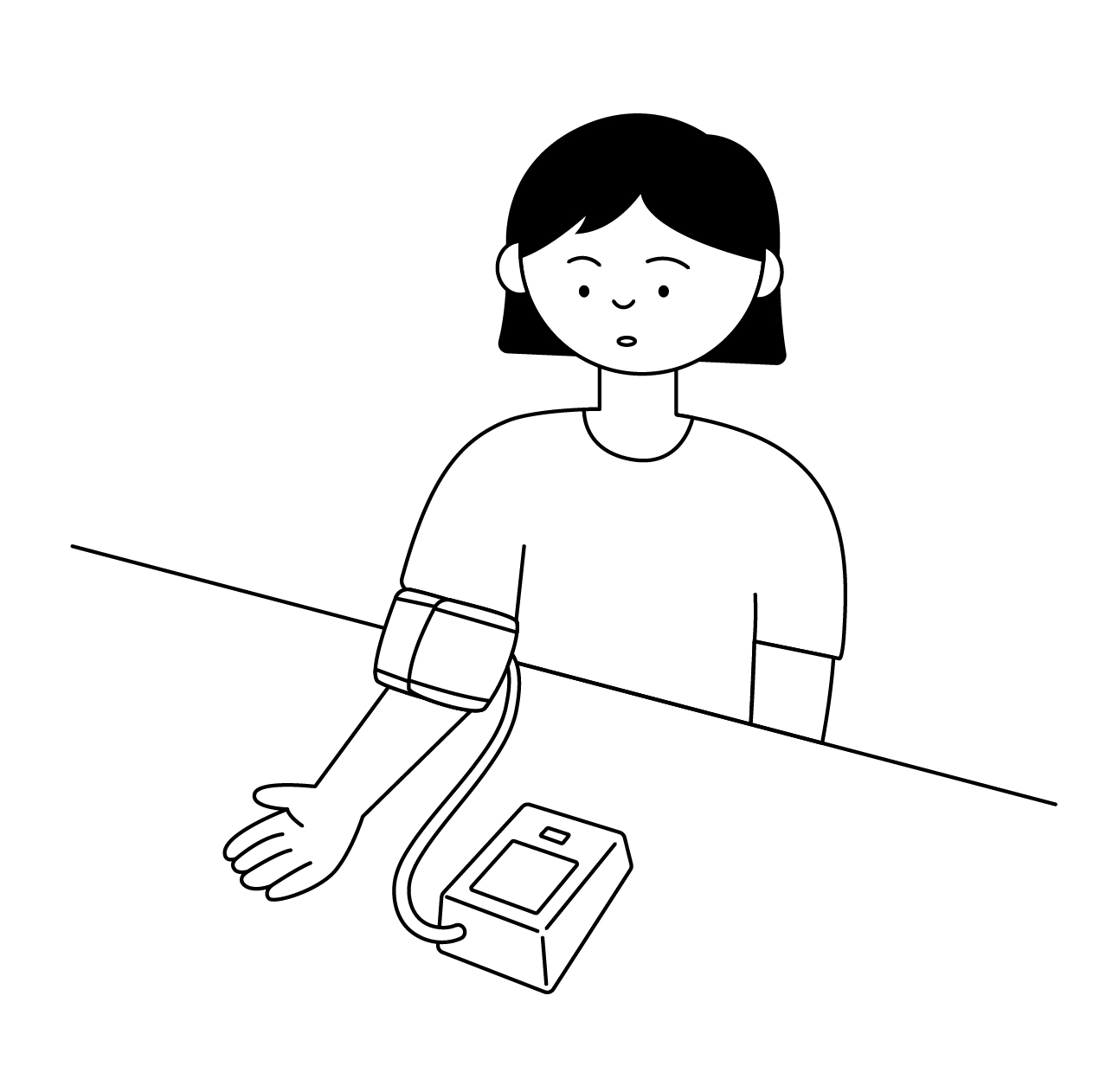血圧を測る若い女性の無料モノクロイラスト