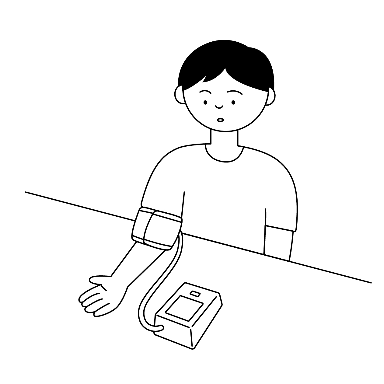 血圧を測る若い男性の無料モノクロイラスト