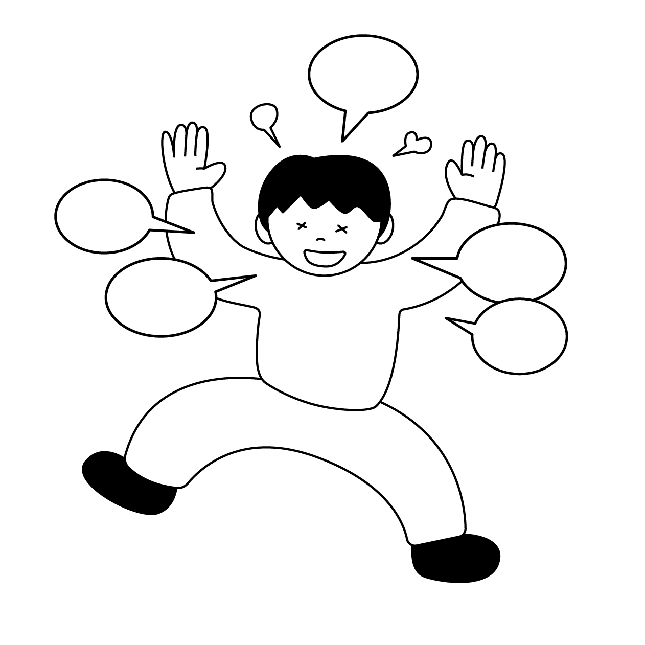 双極性障害(躁うつ病)の躁状態の男性の無料モノクロイラスト