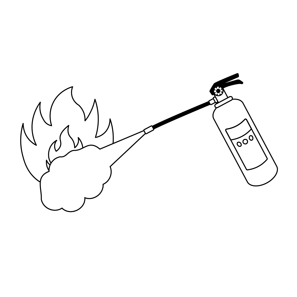 消火器と炎の火災消火作業の無料モノクロイラスト