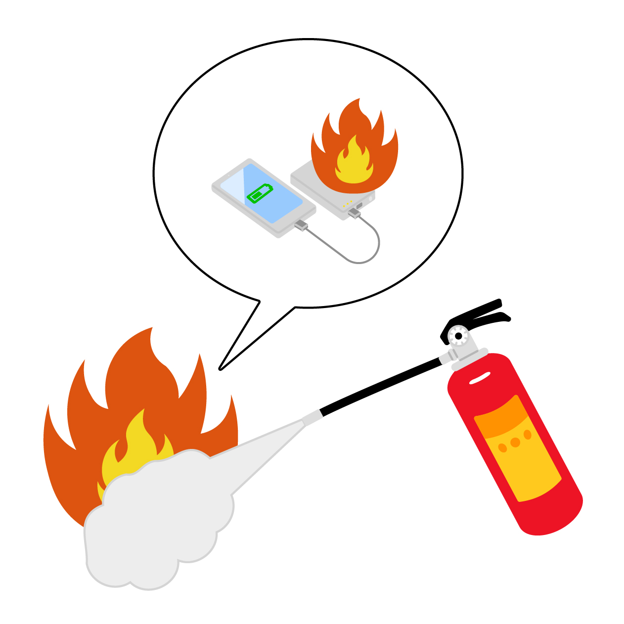 モバイルバッテリーの火災と消火器の無料線なしイラスト