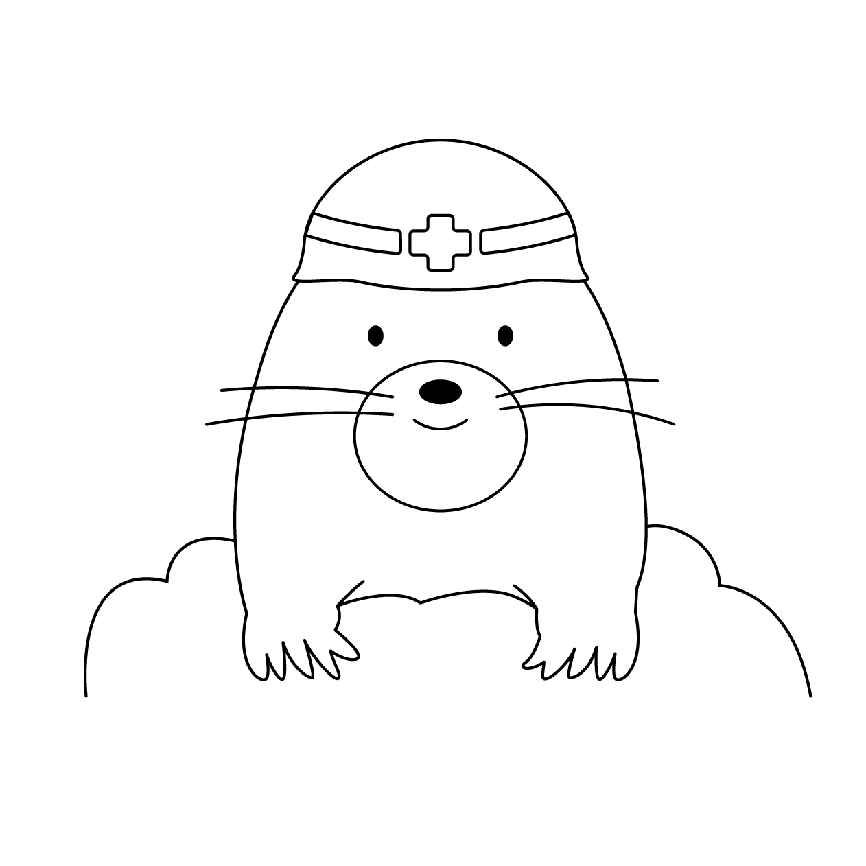 ヘルメットを被ったモグラの無料モノクロイラスト