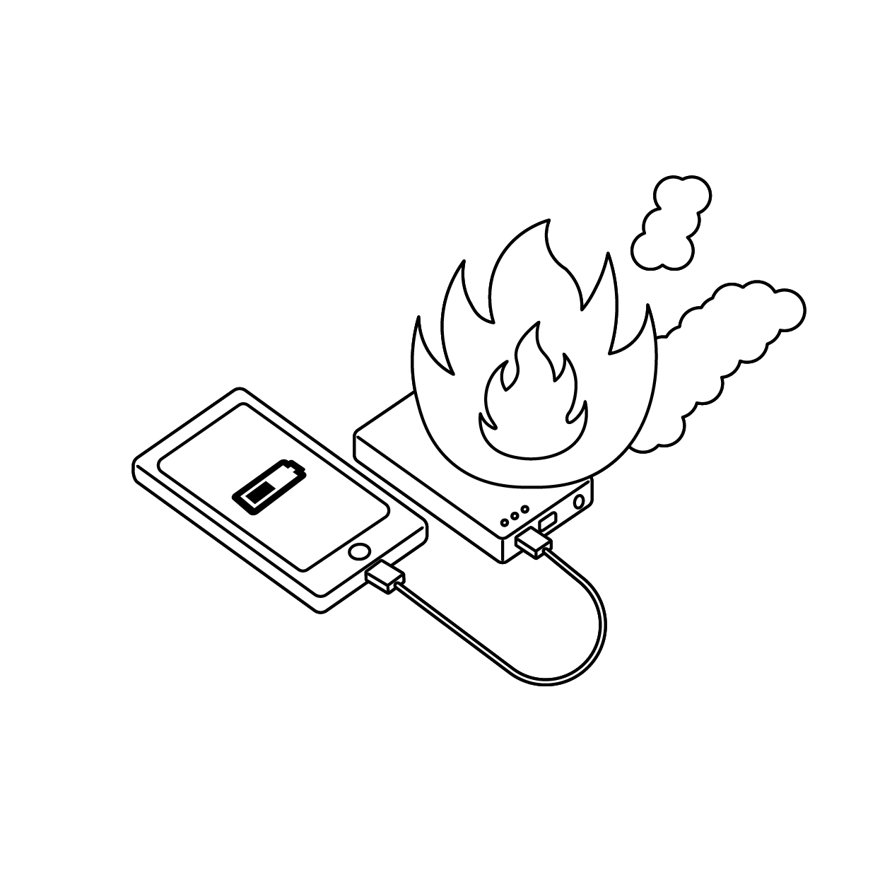 充電中に発火したモバイルバッテリーの無料モノクロイラスト