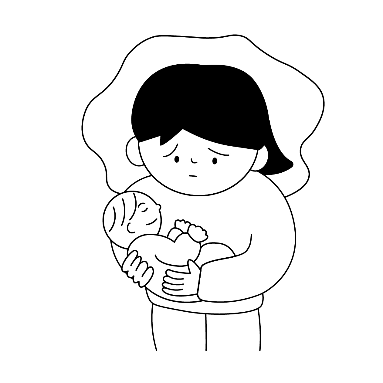 産後うつ病の女性の無料モノクロイラスト