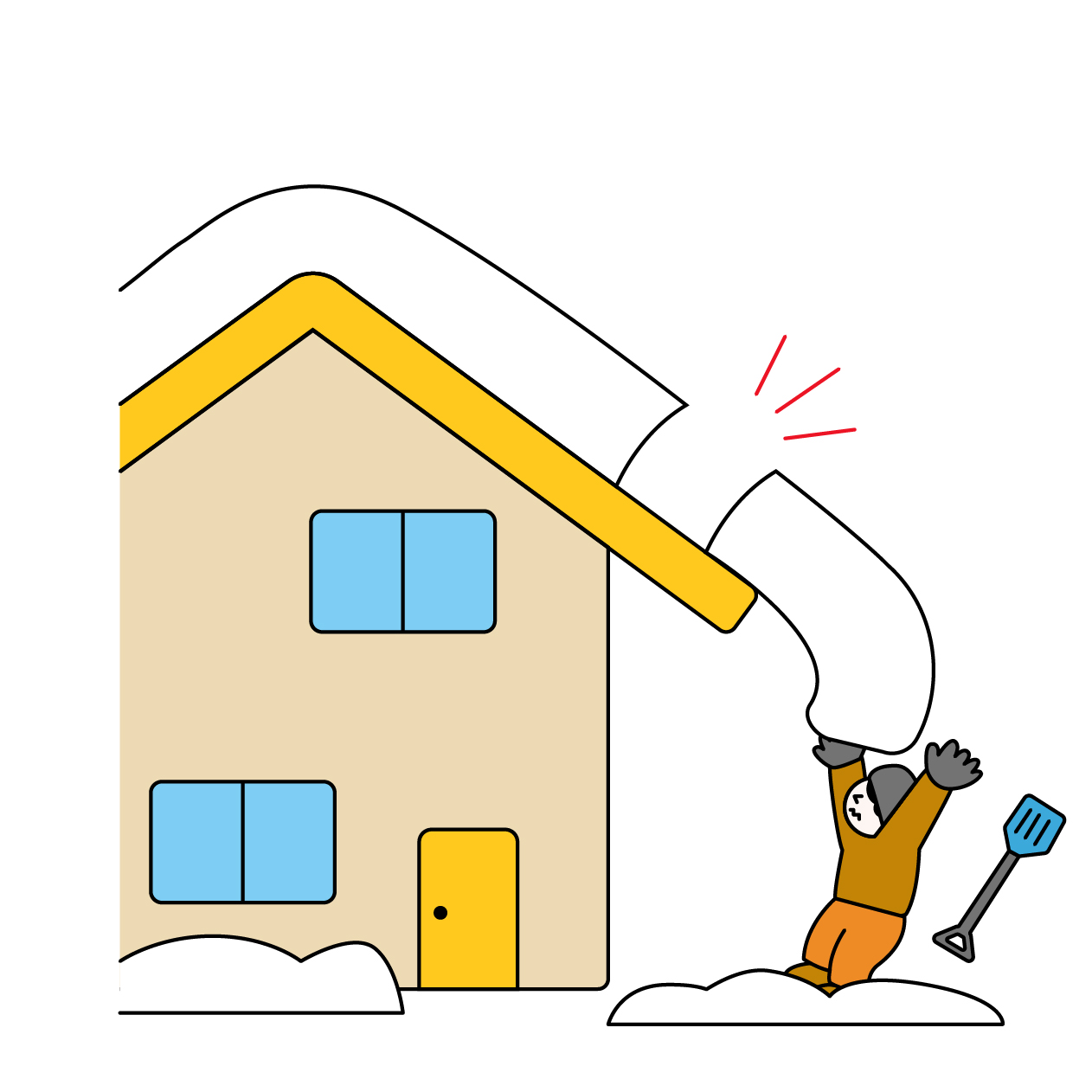 落雪事故・屋根からの落雪に巻き込まれる人の無料カラーイラスト