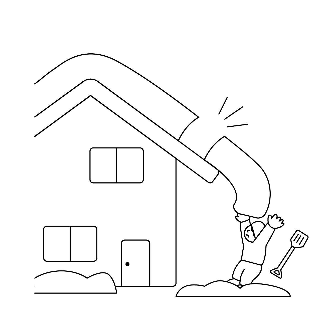 落雪事故・屋根からの落雪に巻き込まれる人物の無料モノクロイラスト