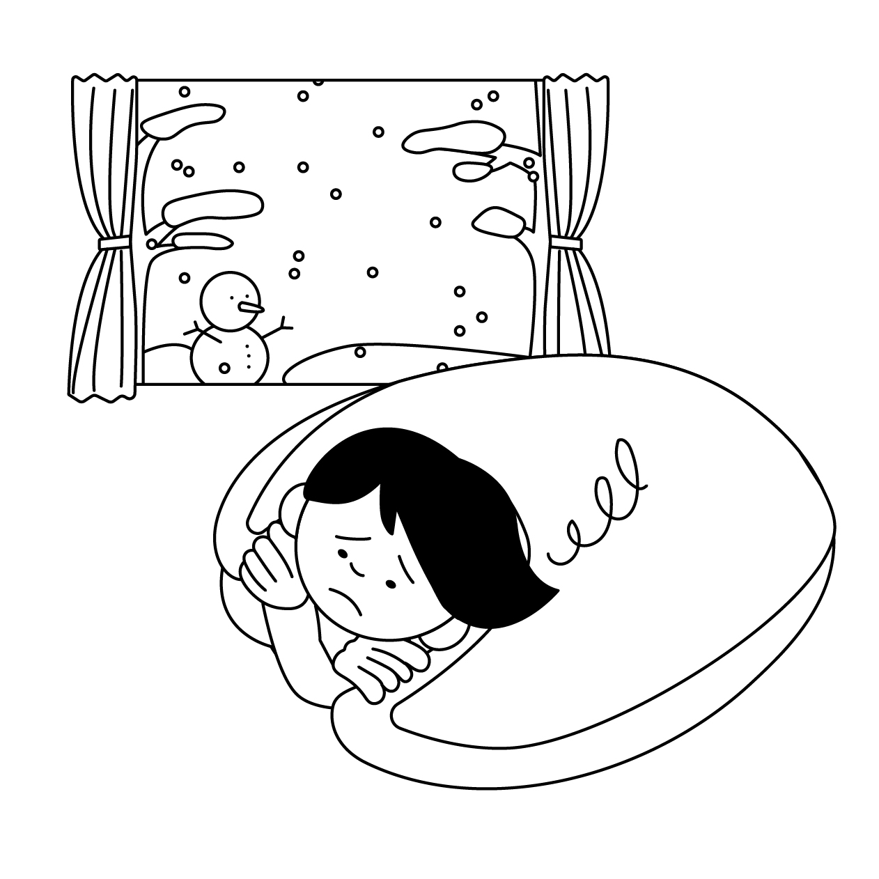 冬季うつの女性の無料モノクロイラスト