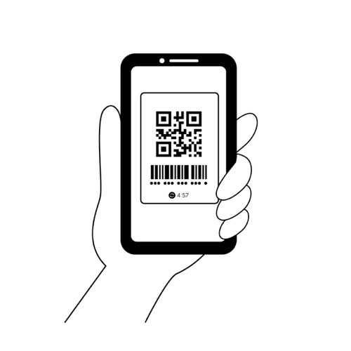 スマートフォンを持つ手とQRコード決済の無料モノクロイラスト